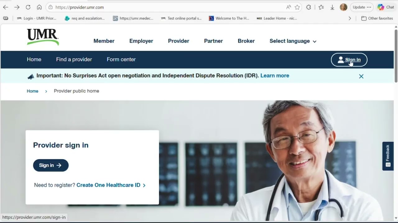 Webpage showing provider sign-in section, UMR logo, navigation menu, and a doctor smiling in the background.