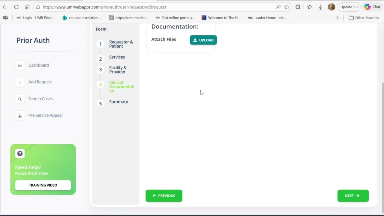 Web interface displaying a form with sections for prior authorization requests and documentation upload.
