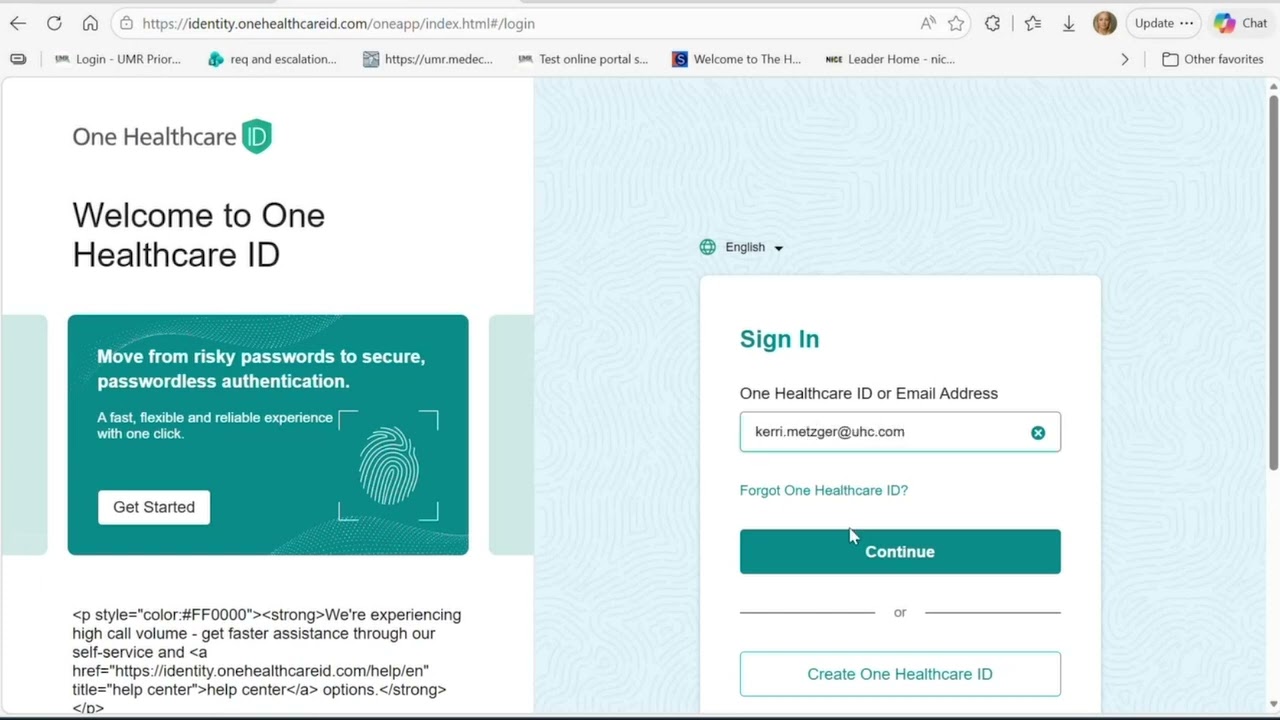 Online login interface for One Healthcare ID with secure passwordless authentication options and a sign-in form.