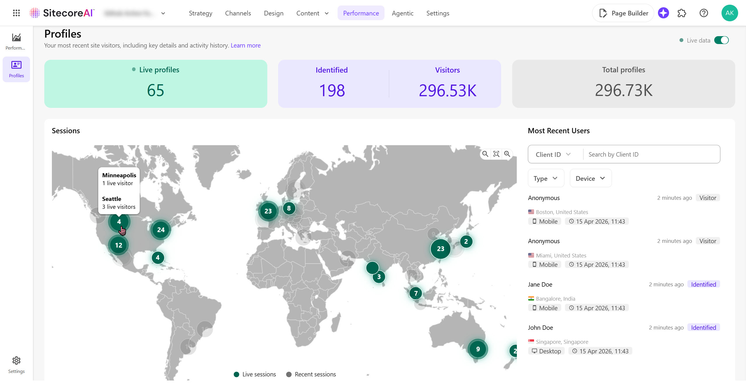 The Profiles page now includes live monitoring and an interactive map