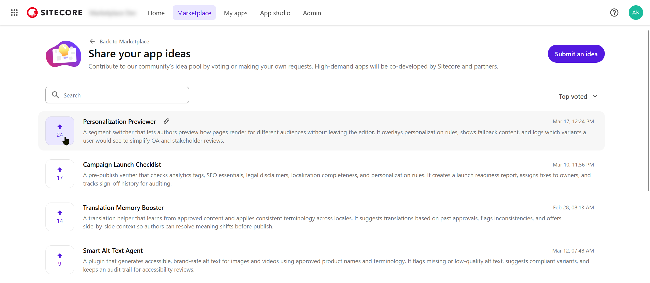 Share your Marketplace app ideas and upvote your favorites