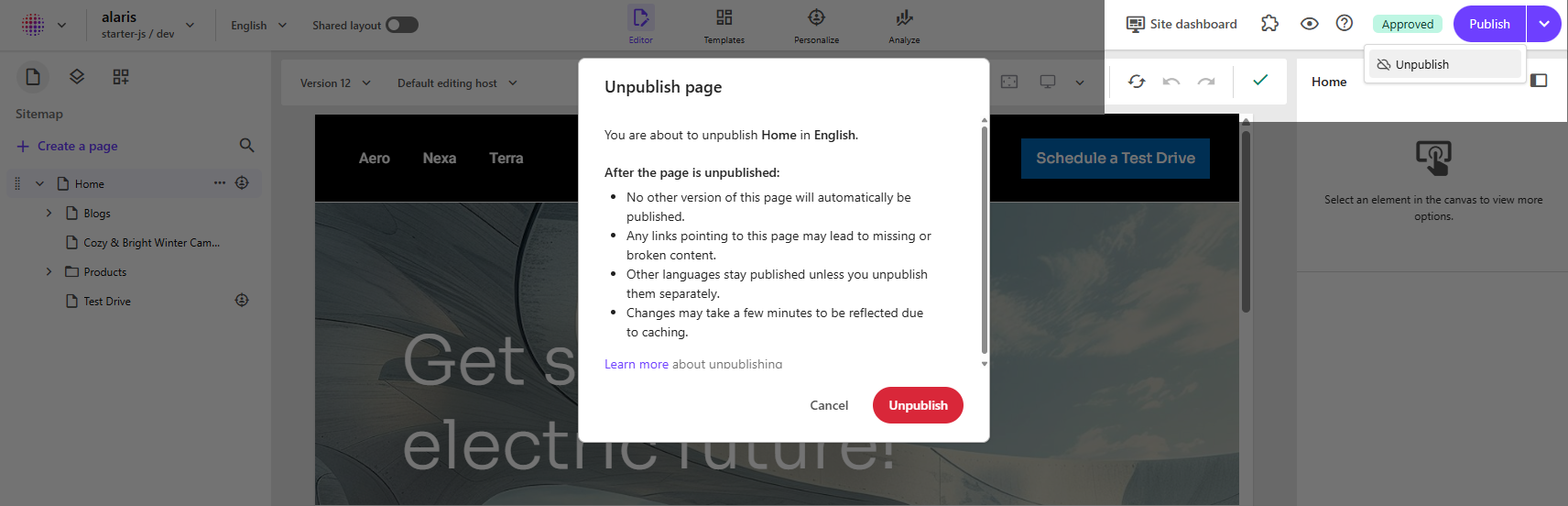 Unpublish pages to quickly take content offline