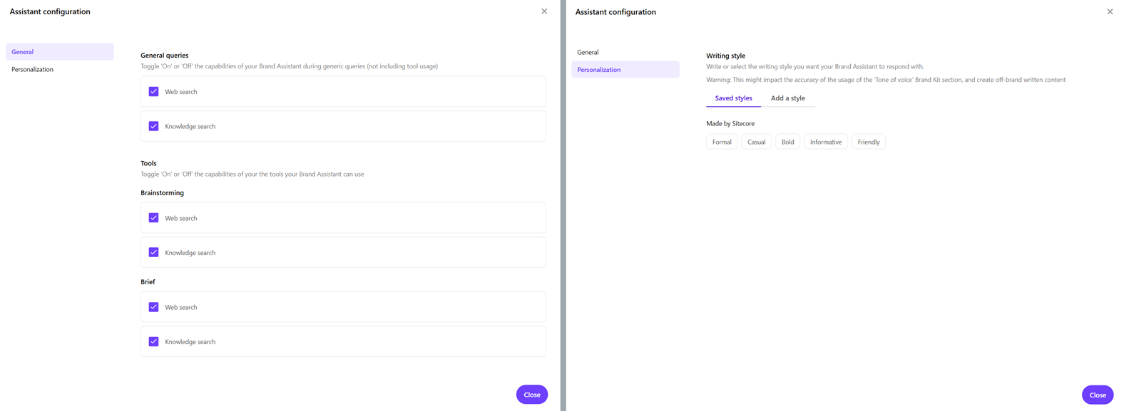 Brand Assistant's information sources and writing styles now configurable